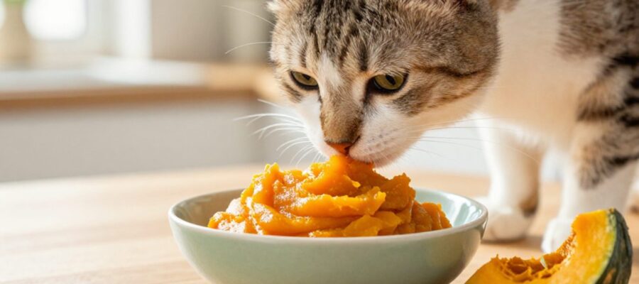 Gato doméstico olfatea un cuenco con puré de calabaza cocida sobre una encimera de cocina.