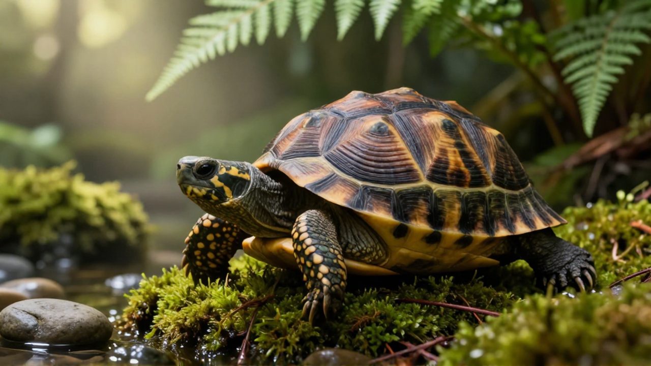 Tortuga caja con caparazón de tonos tierra descansando sobre musgo húmedo y piedras en un entorno de bosque.