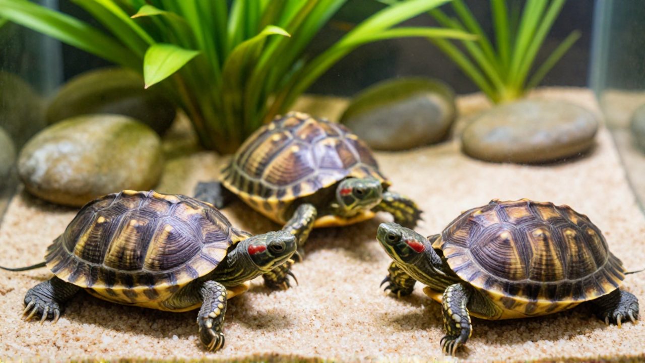 Tres tortugas pequeñas con distintos patrones de caparazón conviven tranquilamente en un terrario con plantas verdes y piedras de río.