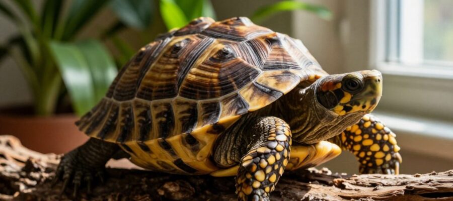 Tortuga de caja con caparazón detallado descansando sobre un trozo de madera en un entorno de plantas verdes con luz natural.