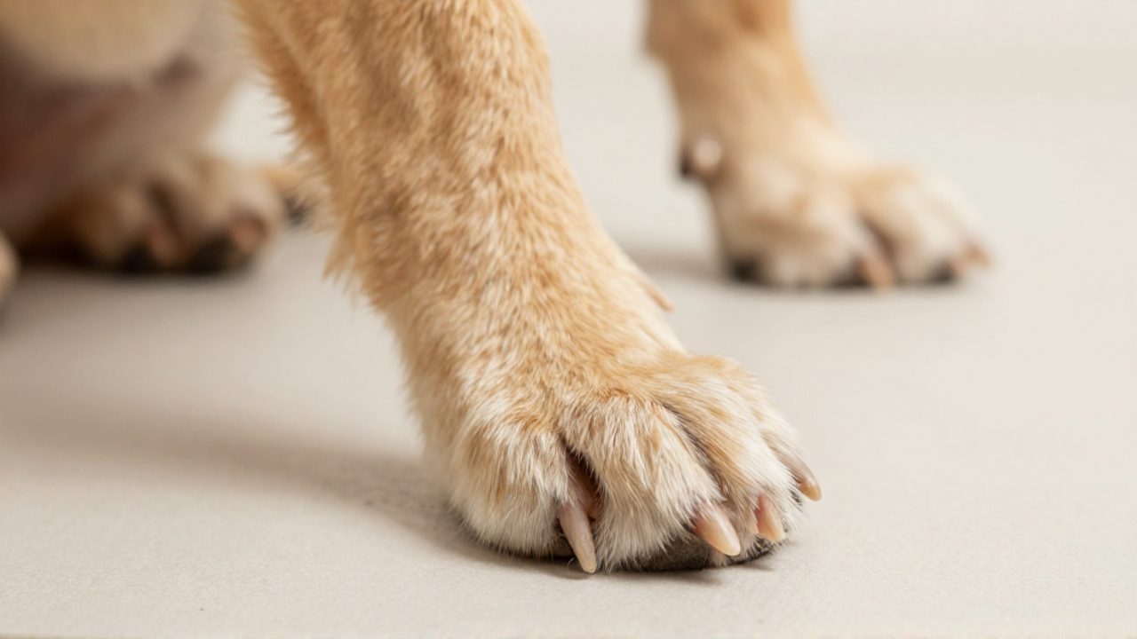 Primer plano de la pata trasera de un perro que muestra los cuatro dedos principales y el espolón situado más arriba en la pierna.