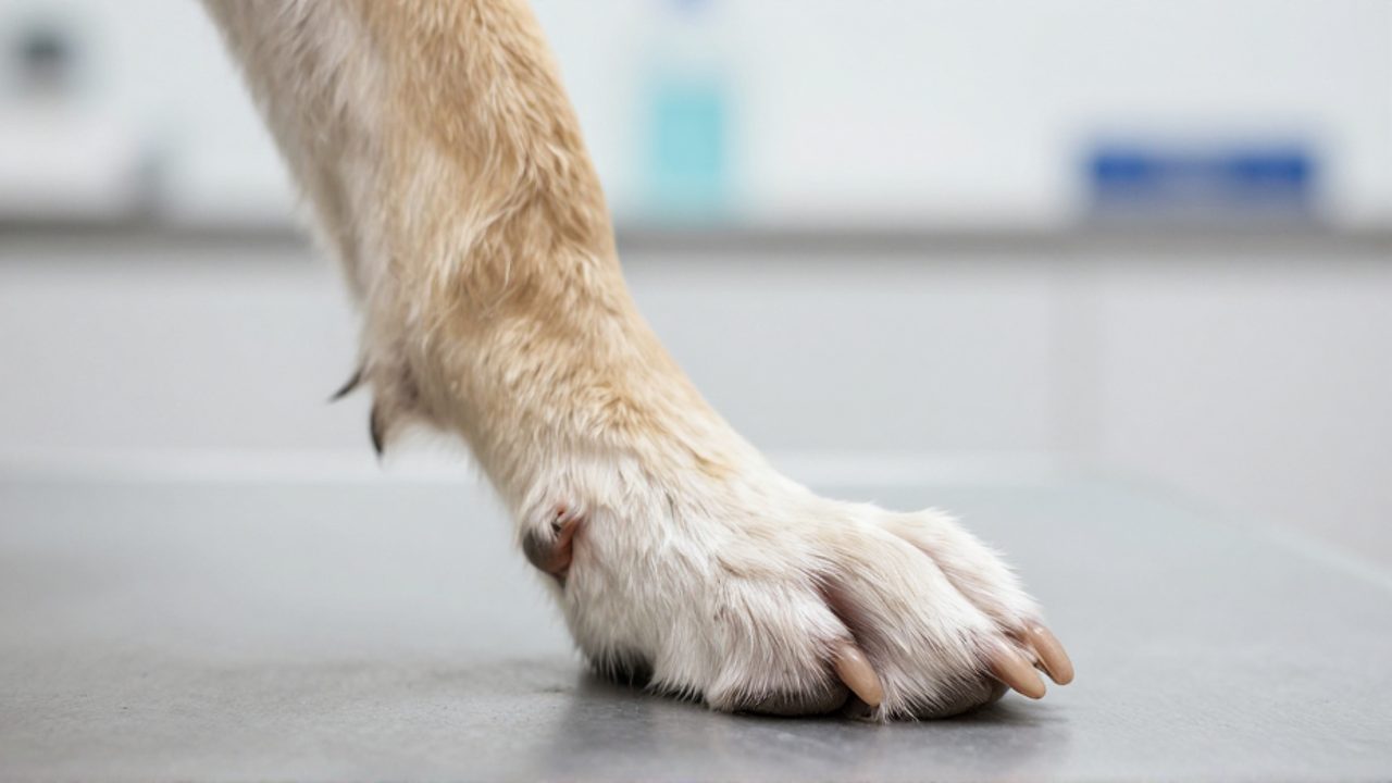 Primer plano de la pata trasera de un perro sobre una mesa de examen, mostrando los cuatro dedos funcionales y el espolón elevado.