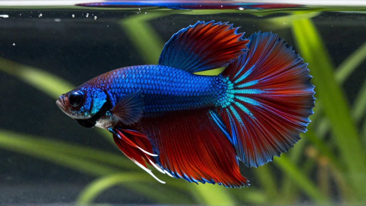 Pez betta macho con largas y fluidas aletas en tonos azul zafiro y rojo carmesí nadando entre plantas acuáticas.