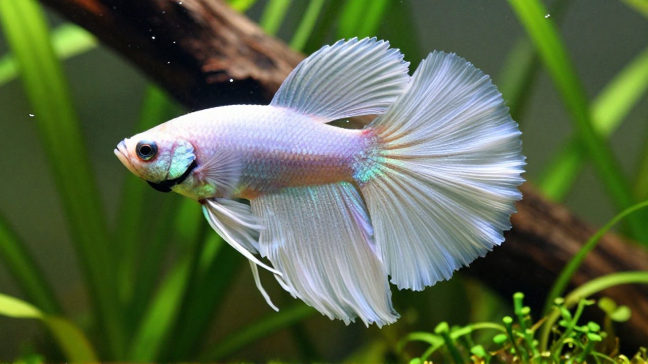 Pez betta hembra de tonos lavanda y blanco perlado con aletas largas y fluidas nadando entre plantas acuáticas verdes.