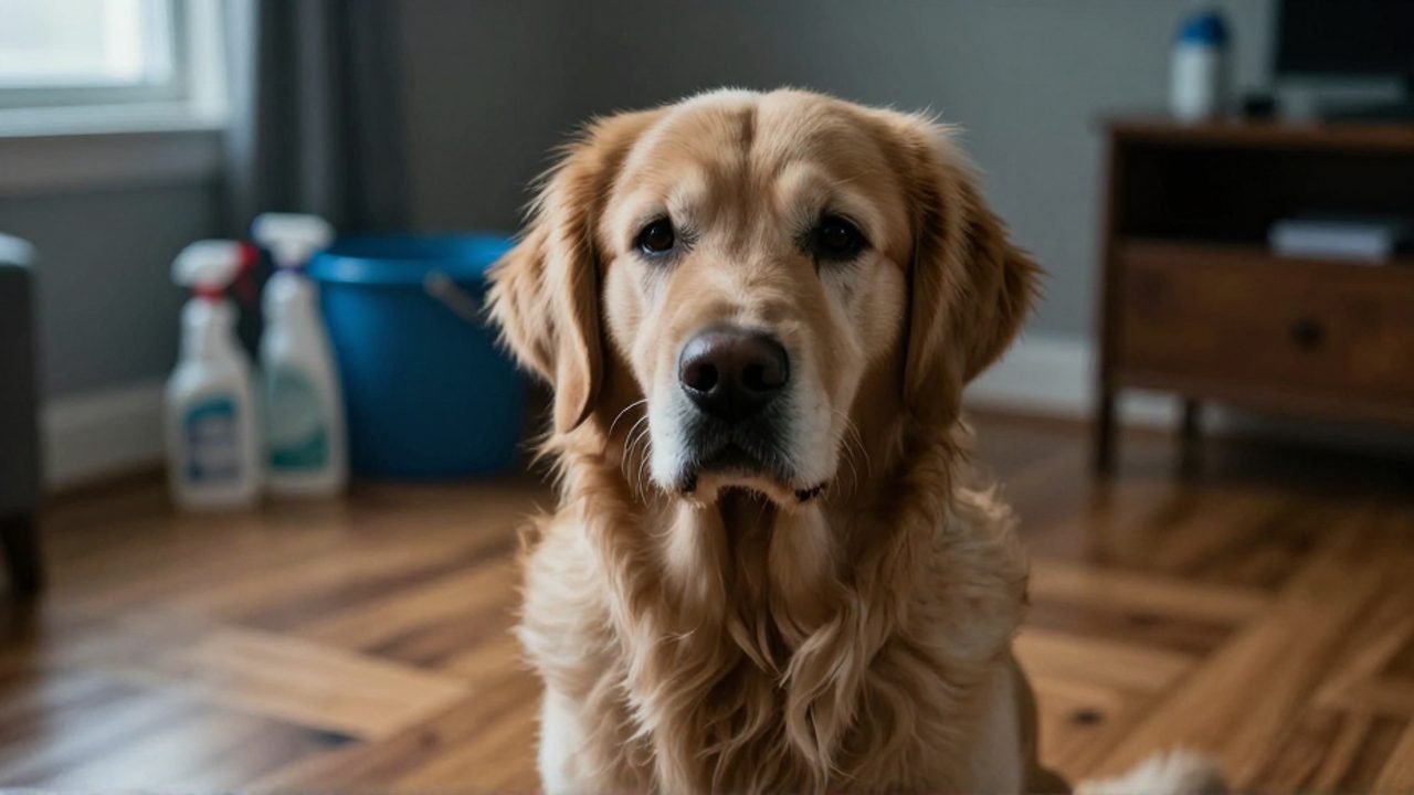 Un perro Golden Retriever con expresión de malestar sentado en un suelo de madera junto a productos de limpieza difuminados al fondo.