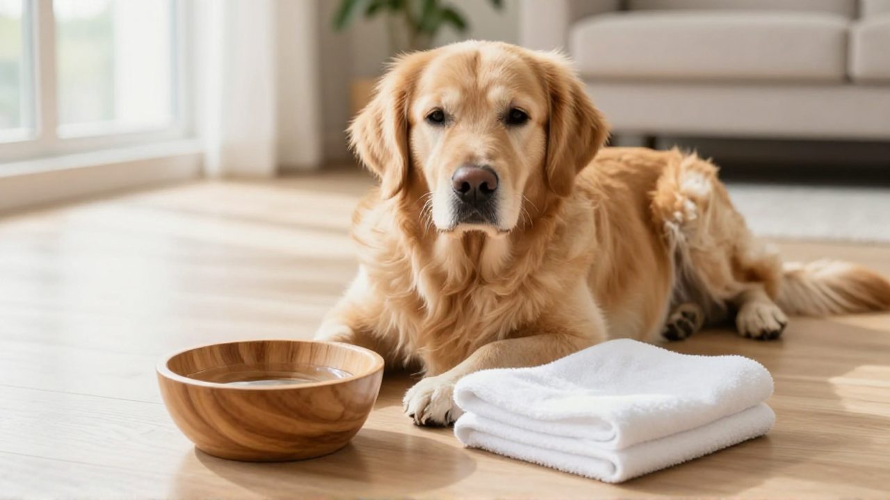 Un perro Golden Retriever descansa tranquilo en un suelo de madera limpio junto a un cuenco de agua fresca y una toalla suave.