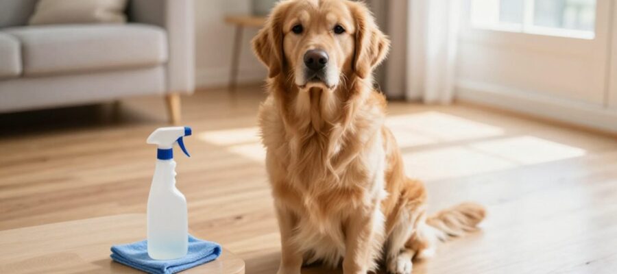 Un perro Golden Retriever sentado tranquilamente en una sala iluminada junto a un producto de limpieza ecológico fuera de su alcance.