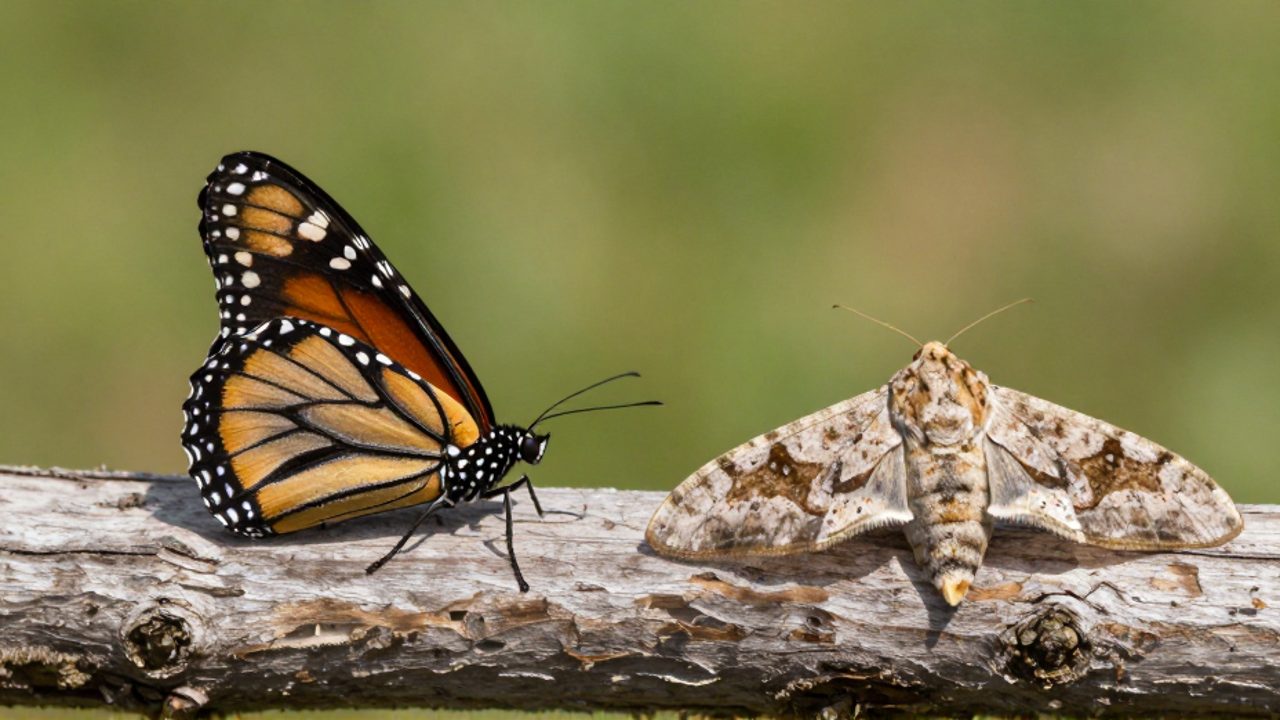 Comparación entre una mariposa monarca con las alas cerradas verticalmente y una polilla con las alas extendidas de forma plana sobre una rama.