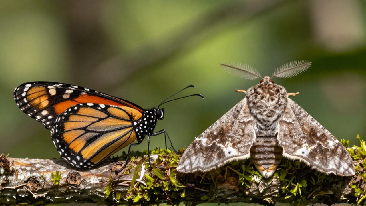 Comparativa entre una mariposa monarca con antenas de punta engrosada y una polilla de cuerpo velludo y antenas plumosas sobre una rama con musgo.