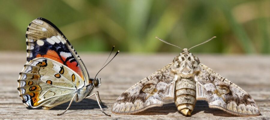 Comparación detallada de una mariposa con alas verticales y antenas de punta de maza frente a una polilla con alas extendidas y antenas plumosas sobre madera.