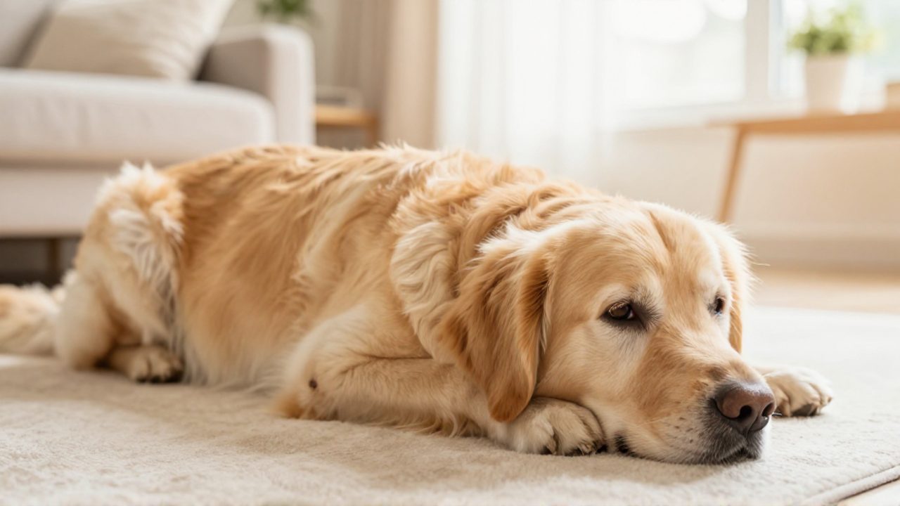 Un perro Golden Retriever mayor recostado sobre una superficie clara, mostrando la textura de su pelaje y piel en el área del hombro.