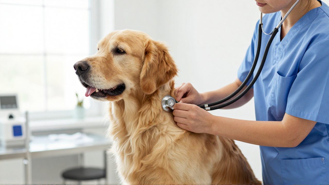 Un veterinario con uniforme azul examina cuidadosamente el cuello de un perro Golden Retriever en una clínica profesional.