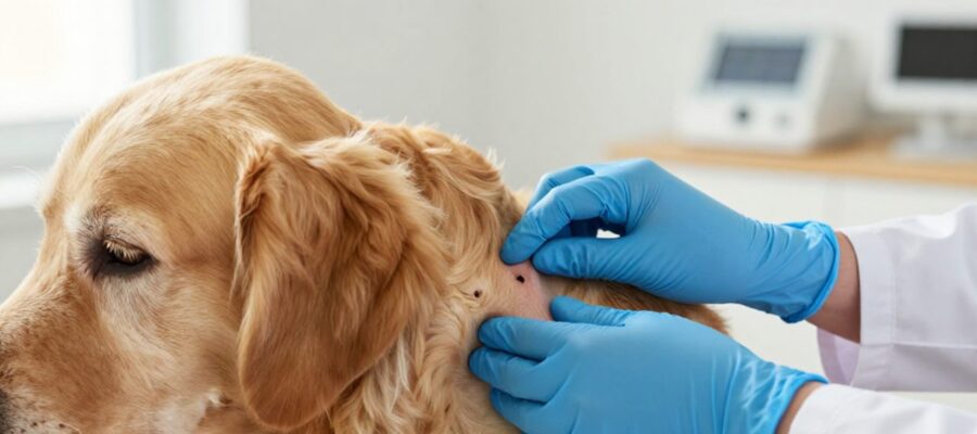 Un veterinario con guantes azules palpa con cuidado un pequeño bulto en el cuello de un perro Golden Retriever durante un examen clínico.