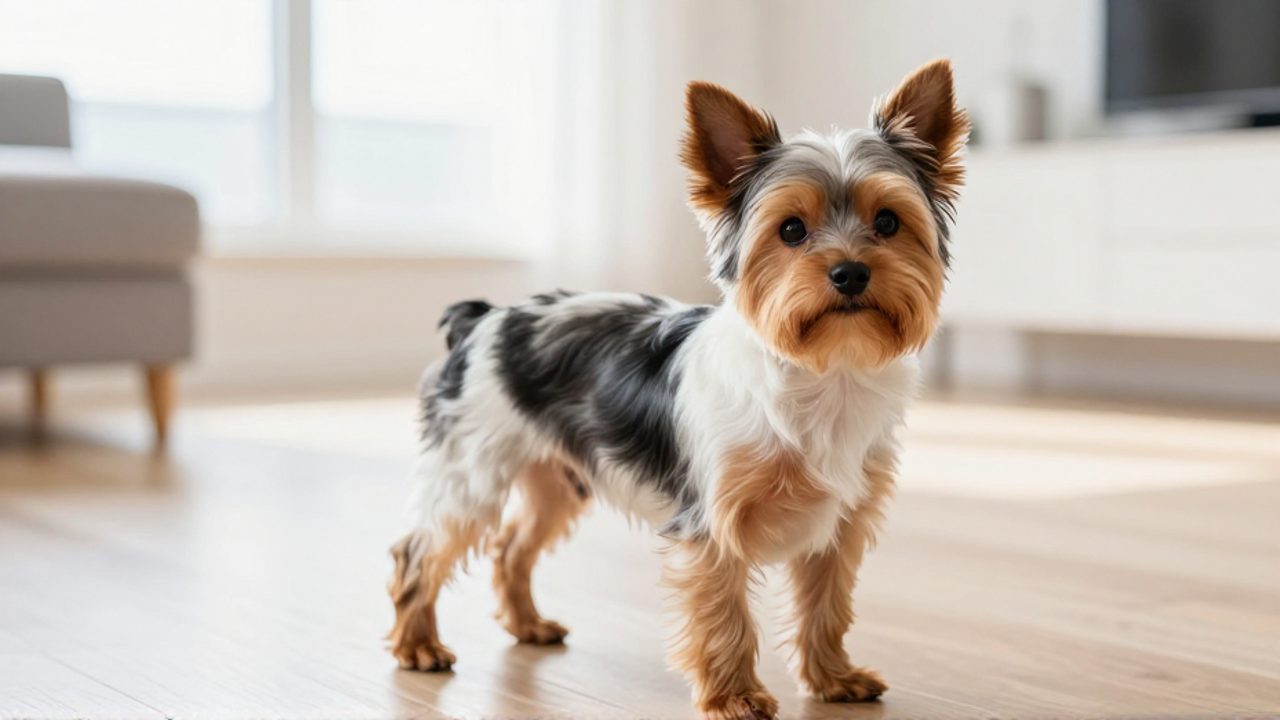 Un perro Parti Yorkie de pelaje tricolor blanco, negro y canela observa con curiosidad desde un suelo de madera en una sala luminosa.