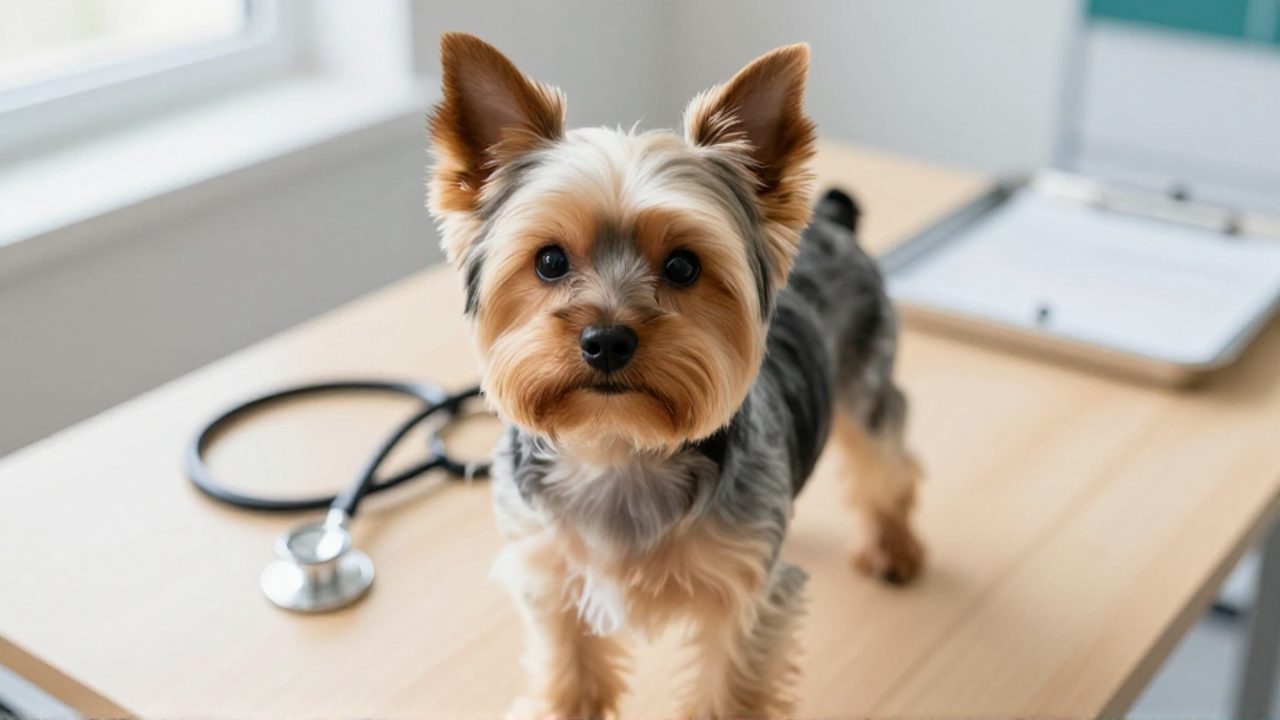 Un perro Parti Yorkie de pelaje tricolor con manchas blancas, negras y canela sentado sobre una mesa de examen en una clínica veterinaria.