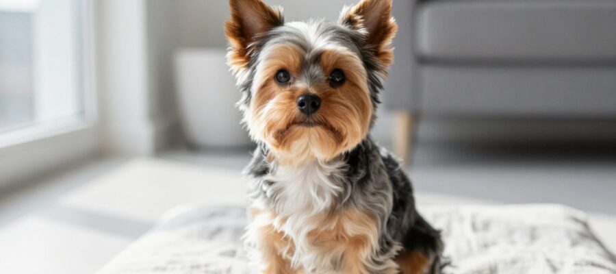 Perro de raza Parti Yorkie con pelaje tricolor blanco, negro y canela sentado sobre una tela clara en un salón iluminado.