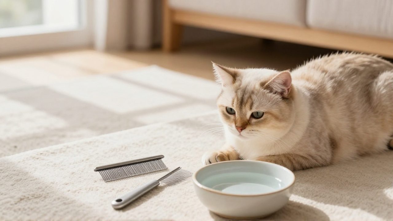 Un gato descansa sobre una superficie clara junto a un peine especial para pulgas y un cuenco de agua en una sala luminosa y limpia.