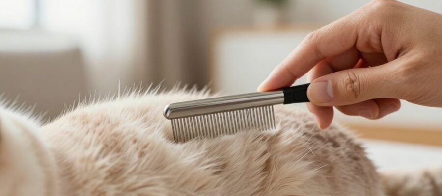 Una persona pasa un peine metálico de dientes finos por el pelaje de un gato para retirarle las pulgas.