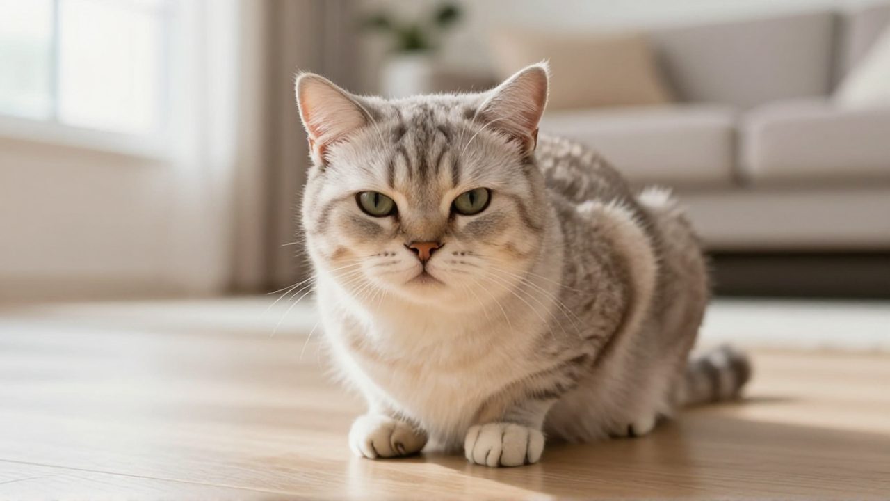Gato doméstico con mirada cansada y expresión de malestar sentado sobre un suelo de madera en una sala luminosa.
