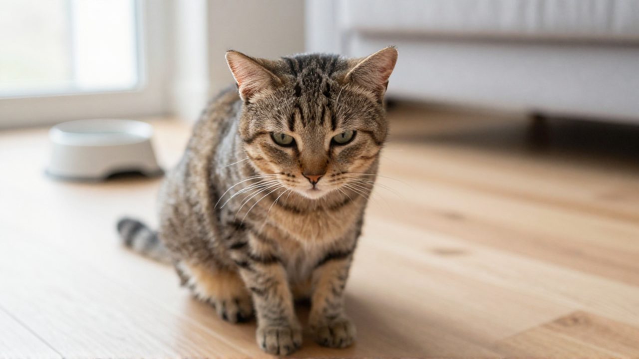 Gato atigrado sentado con expresión de malestar y decaimiento sobre un suelo de madera en una sala iluminada.