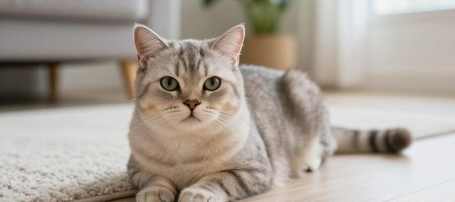 Gato doméstico con expresión de malestar descansando sobre el suelo de una sala de estar.