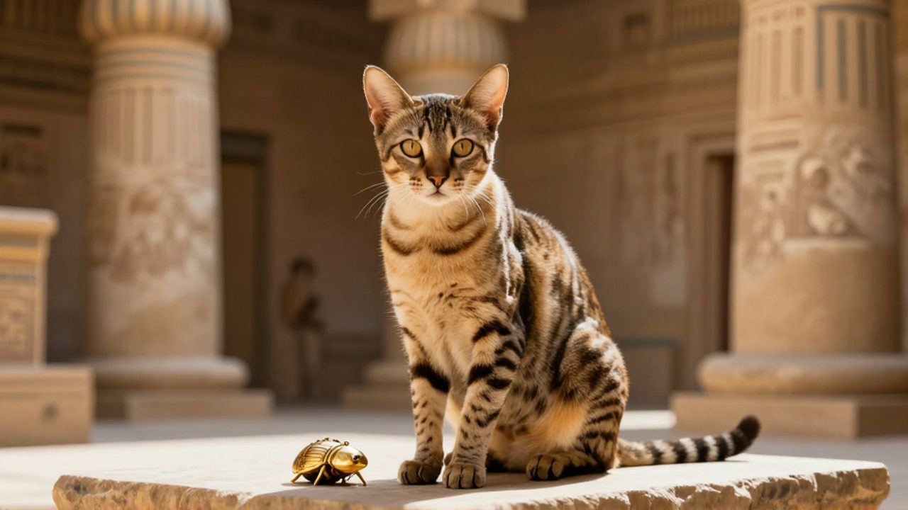 Gato egipcio de pelaje moteado sentado con porte majestuoso sobre un pedestal en el interior de un templo antiguo.