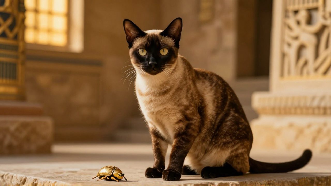Gato egipcio de pelaje moteado sentado con elegancia sobre una superficie de piedra junto a un escarabajo dorado decorativo.