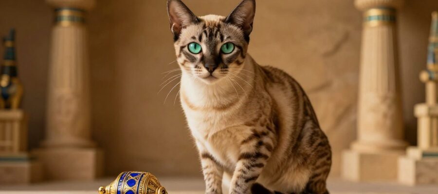 Gato egipcio de pelaje manchado con ojos verdes, sentado con porte noble junto a un adorno de oro y lapislázuli en un entorno de estética antigua.