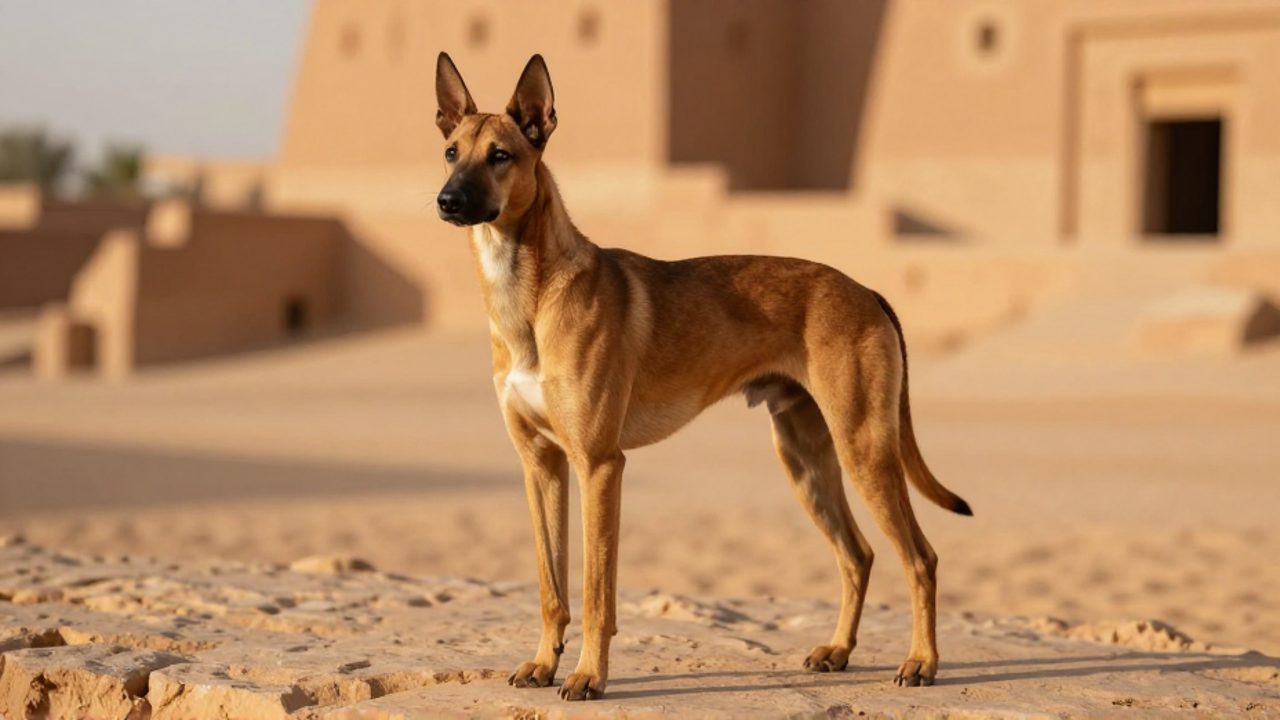 Perro Basenji de complexión atlética y orejas erguidas, de pie sobre una superficie de piedra en un entorno de arquitectura antigua y arena desértica.