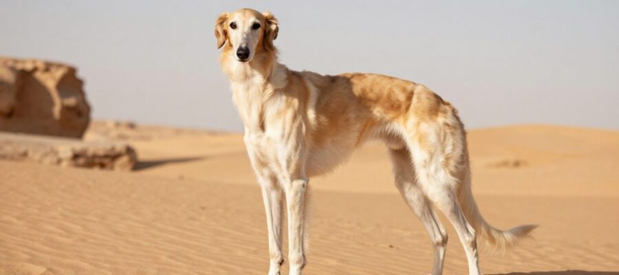 Un perro Saluki de complexión esbelta y patas largas posa con elegancia en un paisaje de dunas de arena bajo la luz del atardecer.