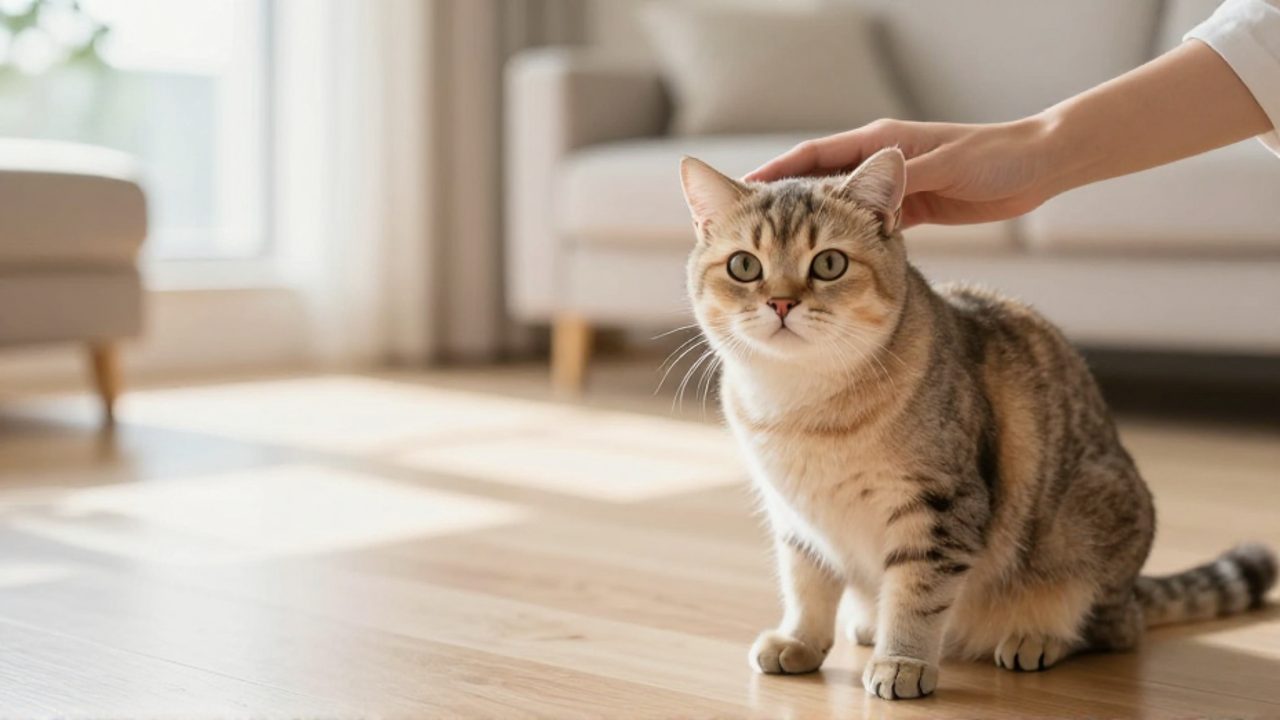 Una mano acaricia suavemente a un gato que mira con atención, resaltando el vínculo y la conexión con su dueño en un entorno hogareño.