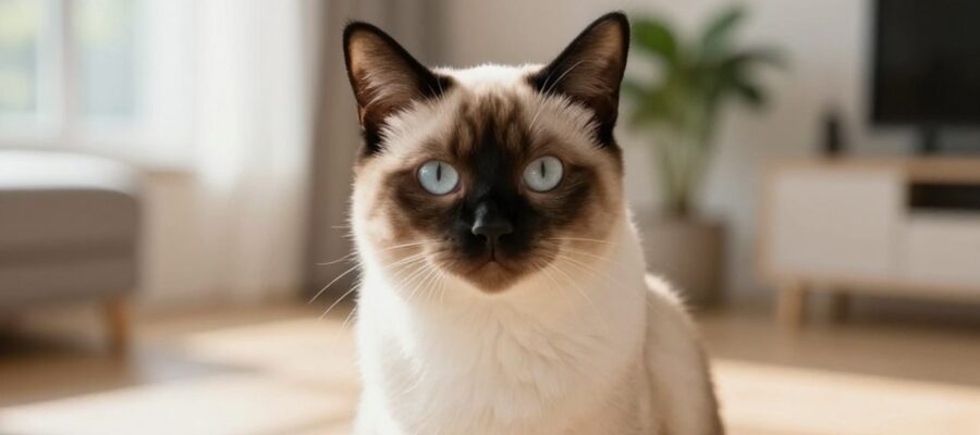 Un gato de pelaje claro mira fijamente a la cámara en una sala de estar luminosa y minimalista.