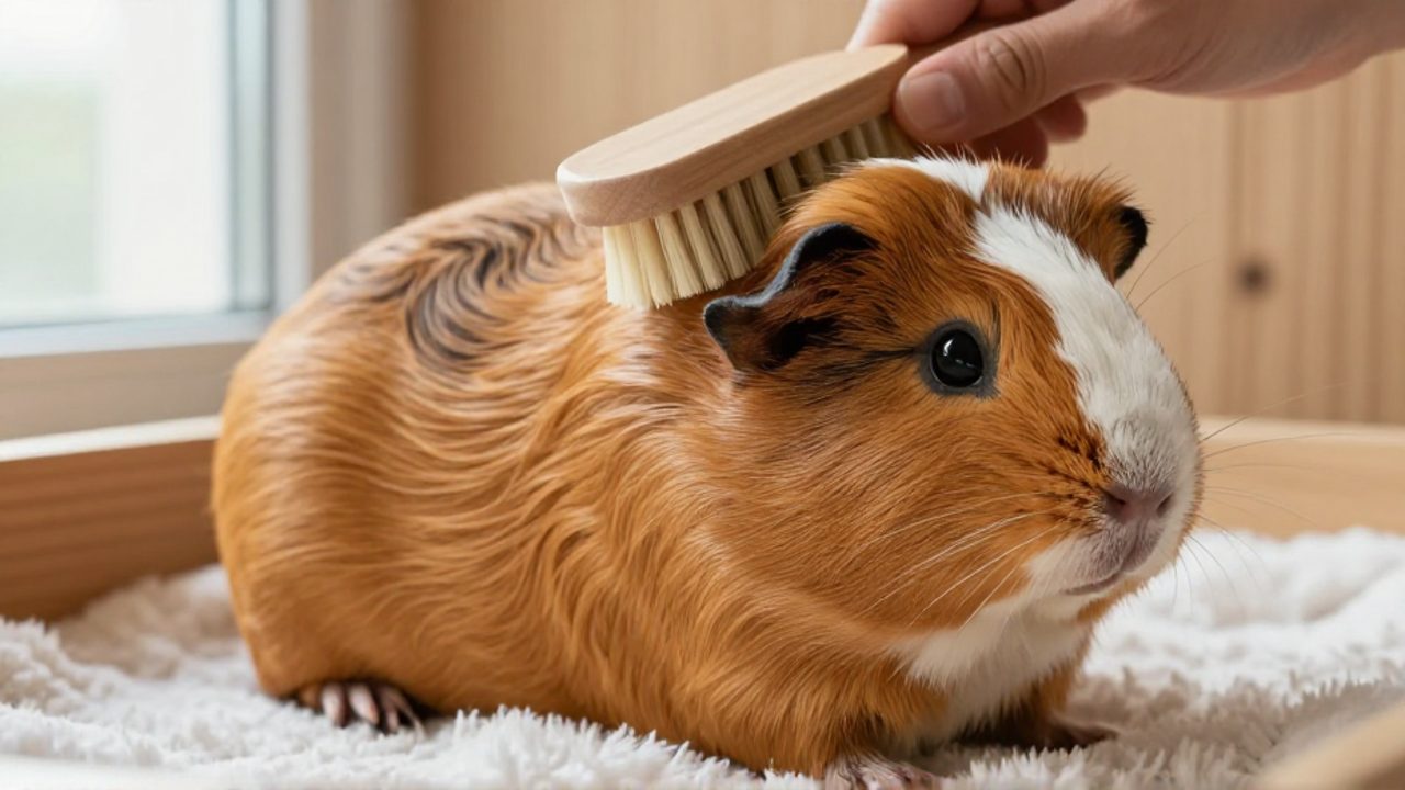 Primer plano de un cuyo abisinio con su pelaje rizado siendo cepillado suavemente con un pequeño cepillo de madera.