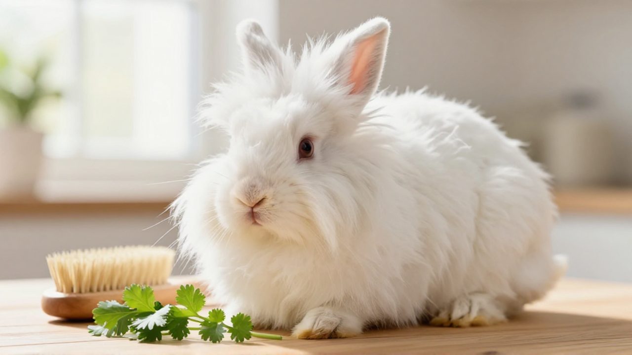 Conejo de raza Angora con pelaje blanco muy largo y denso sentado junto a un cepillo de madera y unas hojas de cilantro.