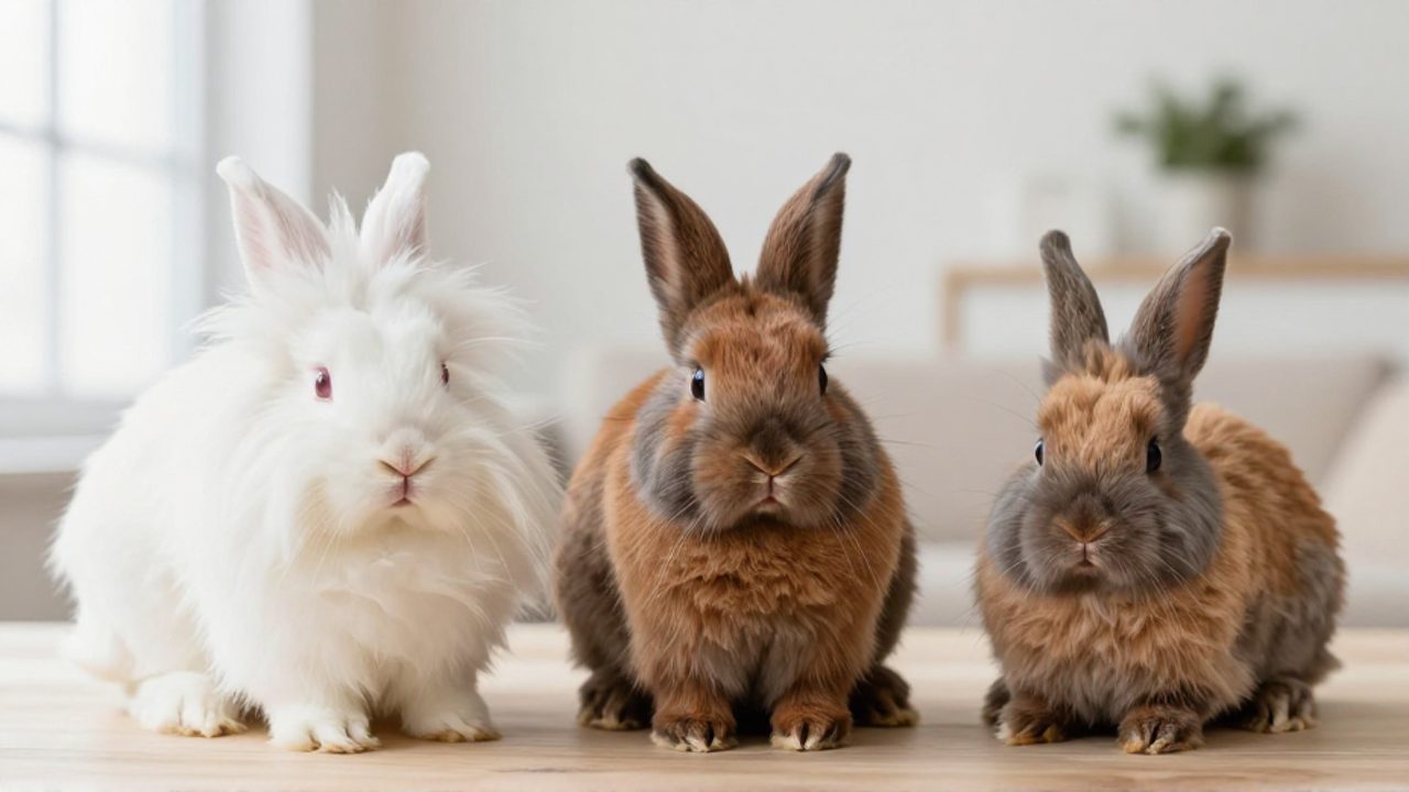 Tres razas de conejos enanos de distintos tipos de pelaje y orejas dispuestos sobre una superficie de madera para comparar sus características físicas.