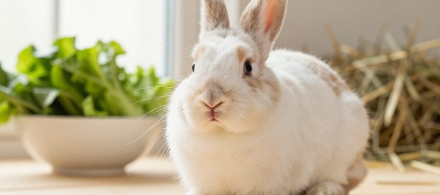Conejo enano de raza Netherland Dwarf sentado sobre una superficie de madera junto a un cuenco con vegetales frescos y heno.