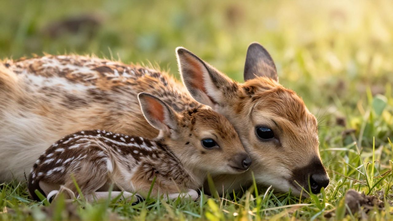 Un mamífero recién nacido descansa junto al pelaje de su madre en un entorno natural iluminado por la luz del sol.