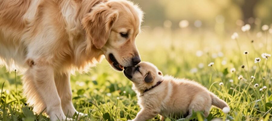 Una madre golden retriever lame con ternura a su cachorro recién nacido en un prado soleado.