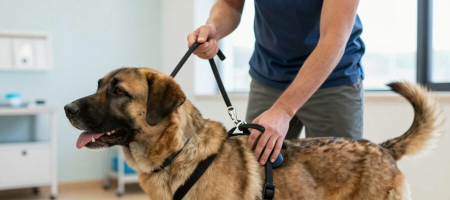 Un profesional de la veterinaria sujeta con calma el arnés de un perro grande en una clínica para demostrar una técnica de control.