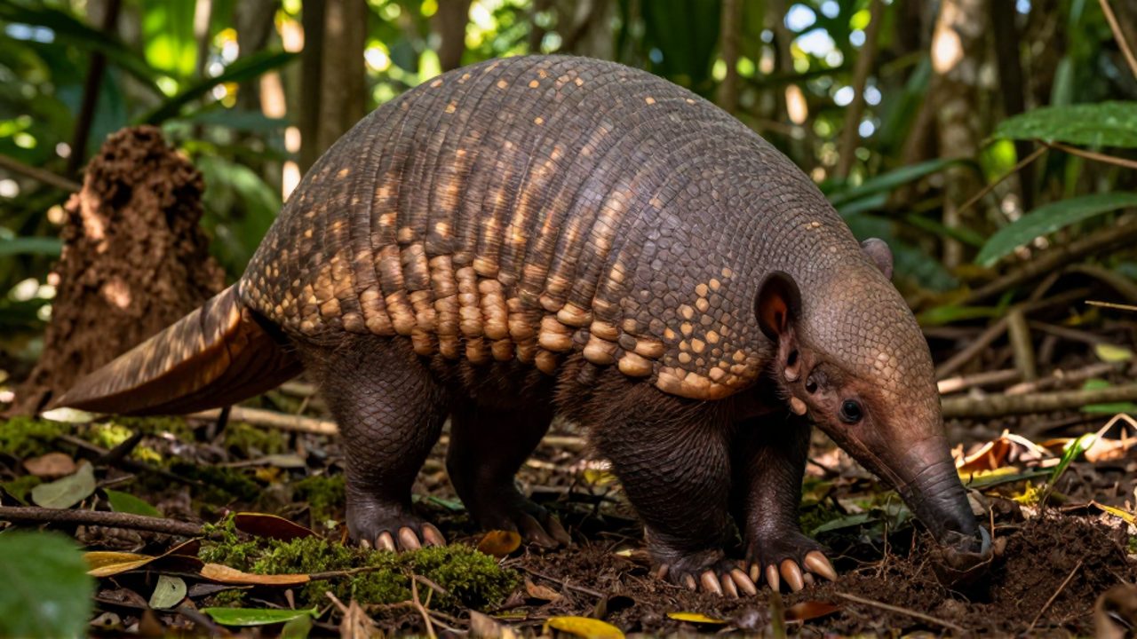 Un armadillo gigante excava la tierra húmeda del suelo de un bosque tropical con sus robustas garras.