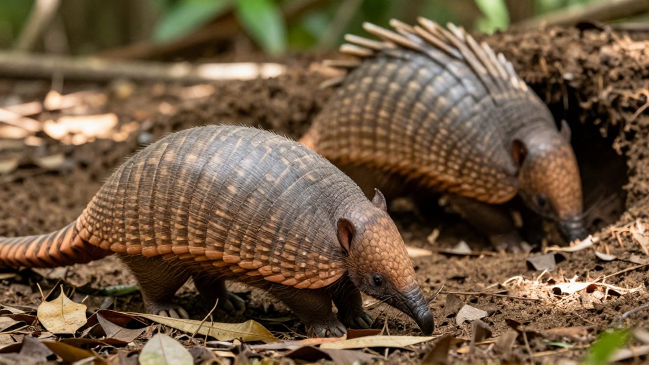 Un armadillo de tres bandas en posición defensiva sobre hojas secas y un armadillo de nueve bandas asomando desde una madriguera en un entorno de bosque.