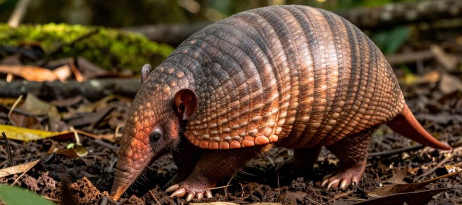 Armadillo de nueve bandas excavando en el suelo húmedo de un bosque tropical bajo la luz del sol.