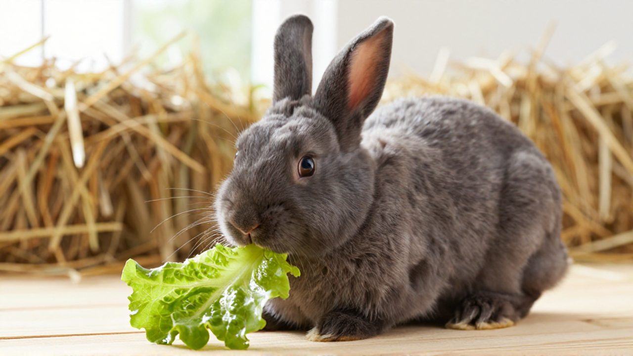 Un conejo Mini Rex de pelaje gris muerde una hoja de lechuga verde sobre una superficie de madera, con una pila de heno de fondo.