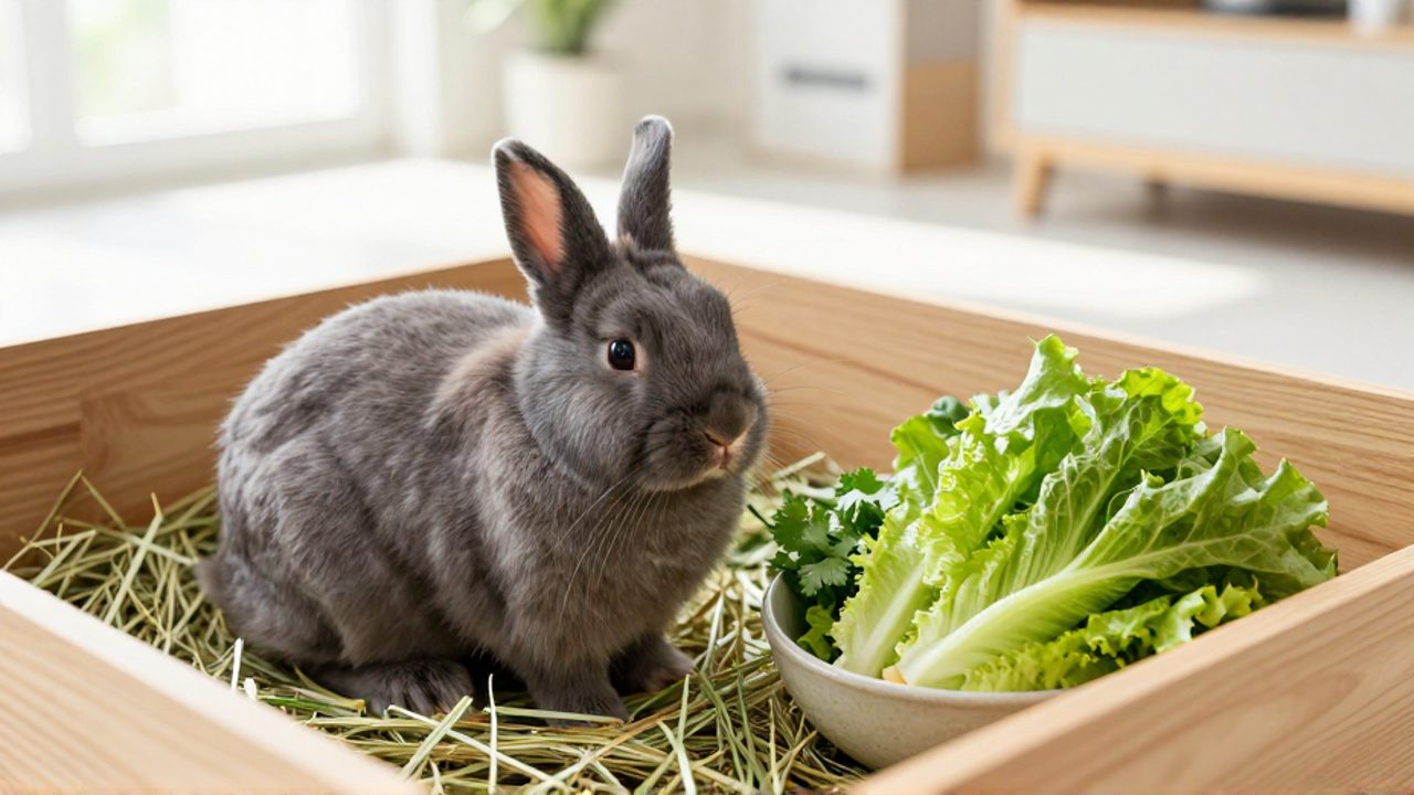 Conejo Mini Rex de pelaje gris sobre un lecho de heno fresco en un recinto de madera limpio, junto a un cuenco con verduras verdes.