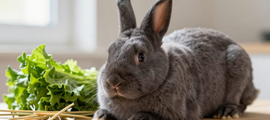 Conejo Mini Rex de pelaje gris denso junto a un montón de heno y vegetales frescos sobre una superficie de madera.