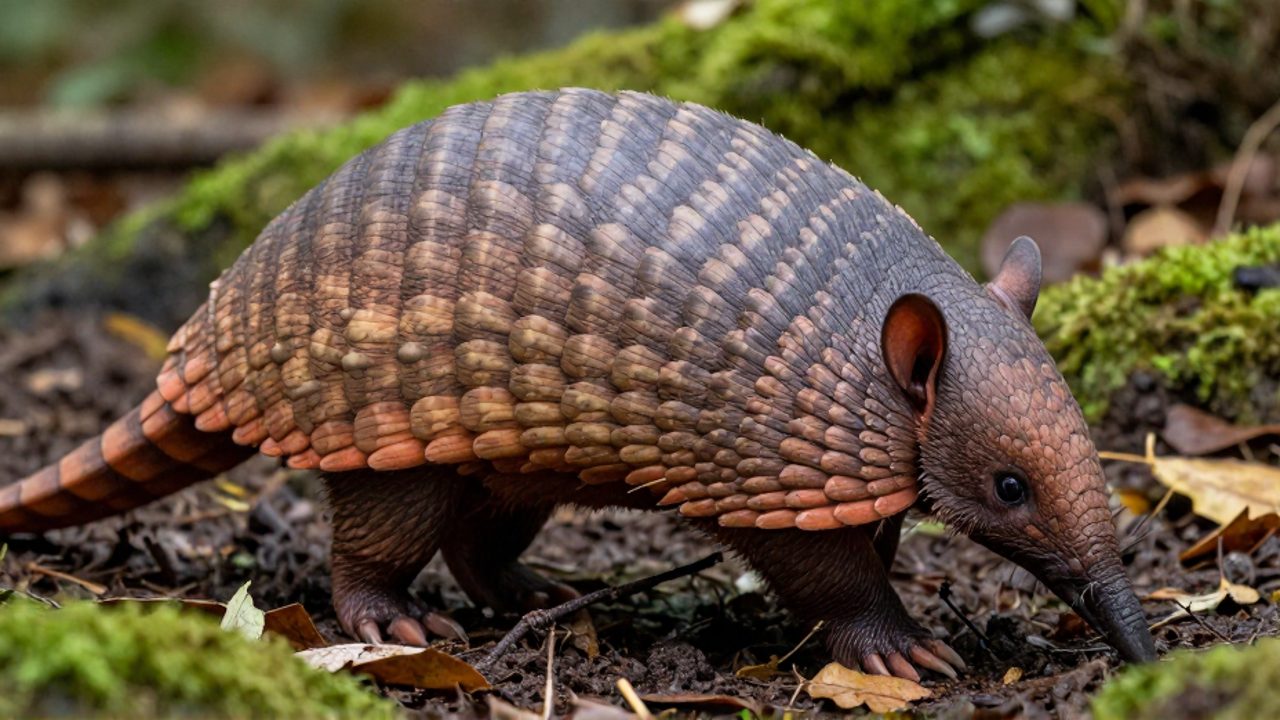 Armadillo de nueve bandas saliendo de un suelo de bosque húmedo, mostrando detalle de su caparazón segmentado y garras.