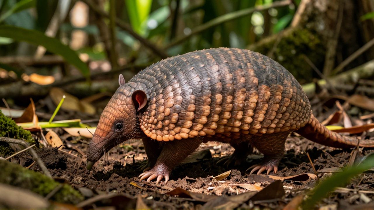 Un armadillo de nueve bandas emerge de la tierra en el suelo de un bosque subtropical iluminado por la luz del sol.