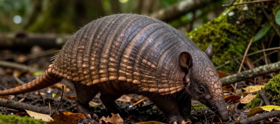Un armadillo de nueve bandas busca alimento sobre un suelo de bosque cubierto de hojas y musgo.