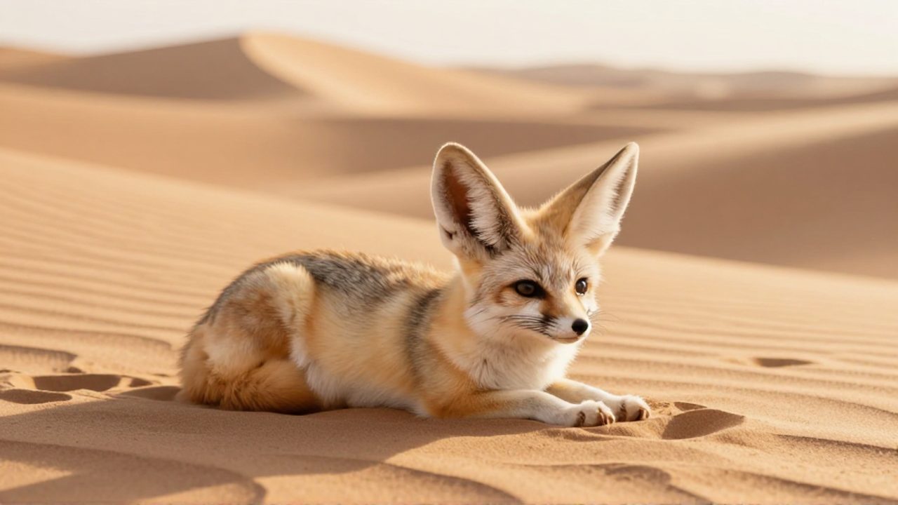 Un zorro fennec de orejas grandes descansa sobre las dunas de arena de un desierto bajo la luz del atardecer.