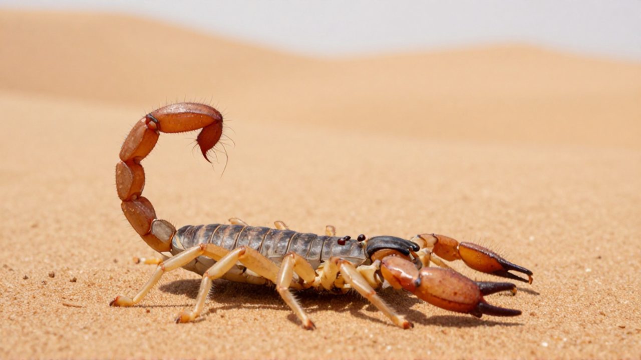 Escorpión saliendo de la arena dorada en un entorno de dunas desérticas.